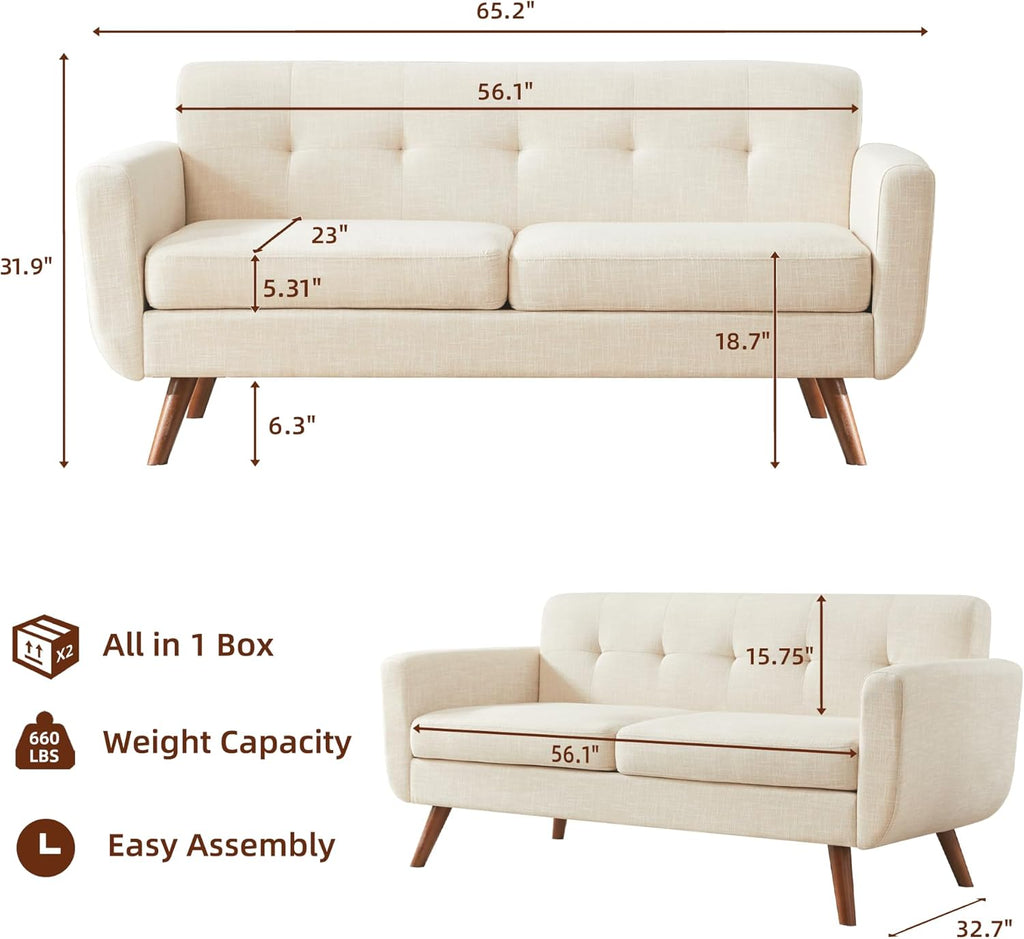 Tbfit 65' W Loveseat Sofa, Mid Century Modern Decor Love Seat Couches for Living Room, Button Tufted Upholstered Small Couch for Bedroom, Solid and Easy to Install Love Seats Furniture, Beige