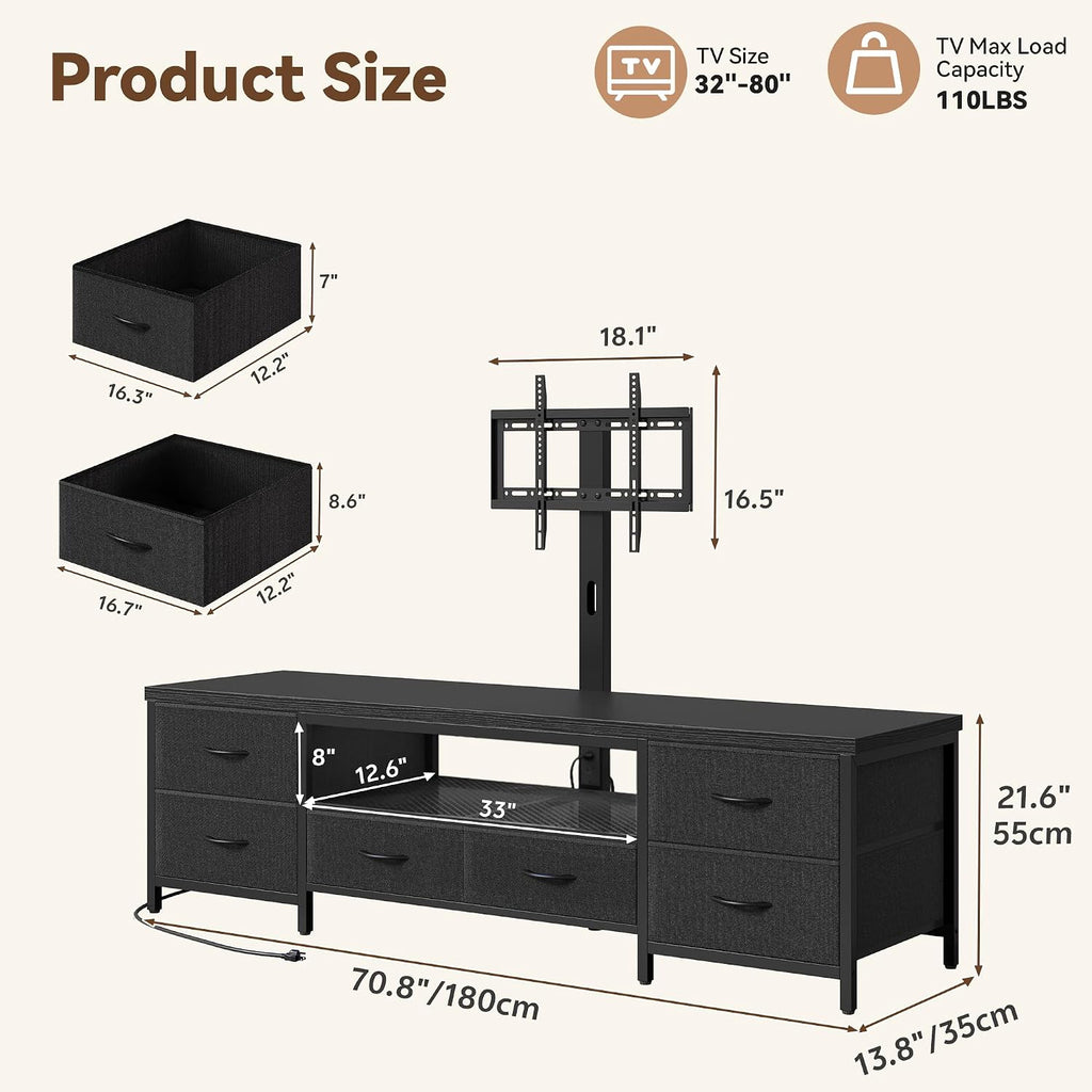 TV Stand for 80 Inch TV with Mount, LED Entertainment Center w/Fabric Drawers & Power Outlets, Industrial Media Console for Living Room, Bedroom, Open Storage Shelves - 71'' Black