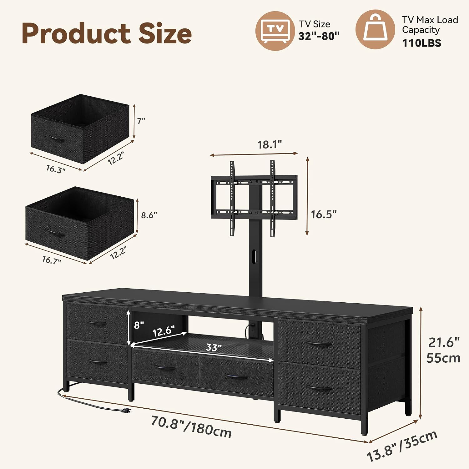 TV Stand for 80 Inch TV with Mount, LED Entertainment Center w/Fabric Drawers & Power Outlets, Industrial Media Console for Living Room, Bedroom, Open Storage Shelves - 71'' Black