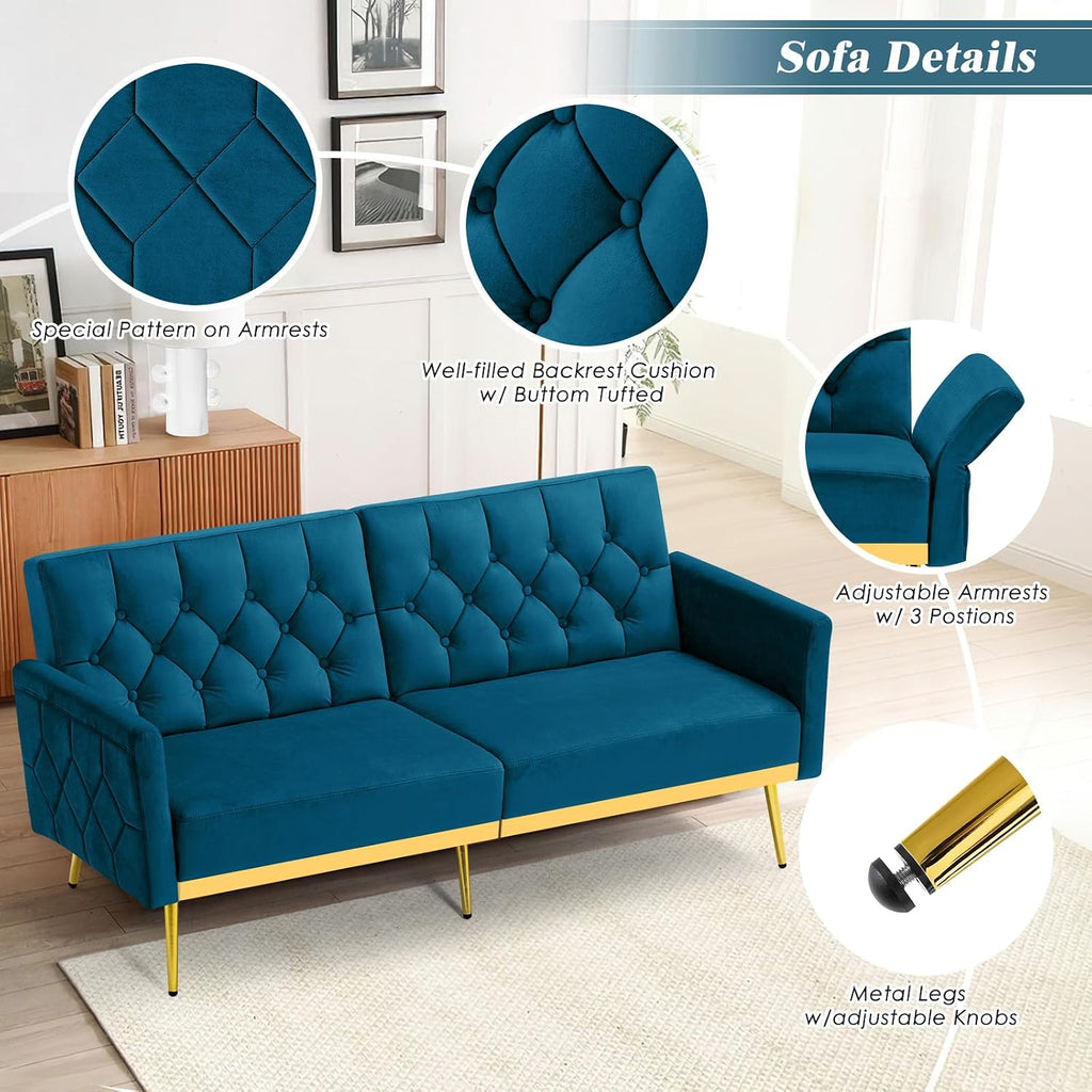 2 Pieces Velvet Sofa Set w/Adjustable Armrests and Backrests, Tufted Accent Chair w/Ottoman, Convertible Futon Sofa Bed for Bedroom, Living Room, Apartment, Teal