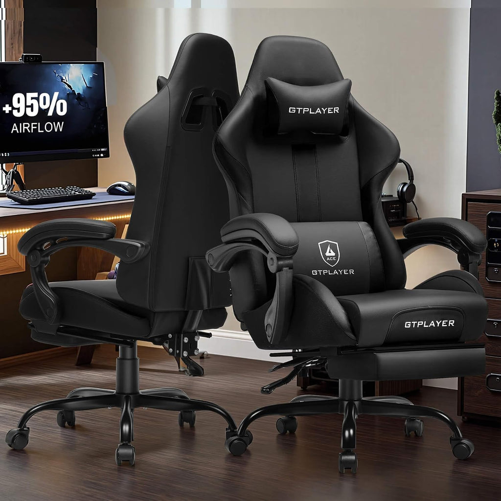 GTPLAYER Gaming Chair with Pocket Spring Cushion, Leather Office Chair with Ergonomic High Back & Lumbar Support for Back Pain Relief, Computer Game Chair for Adults, Black