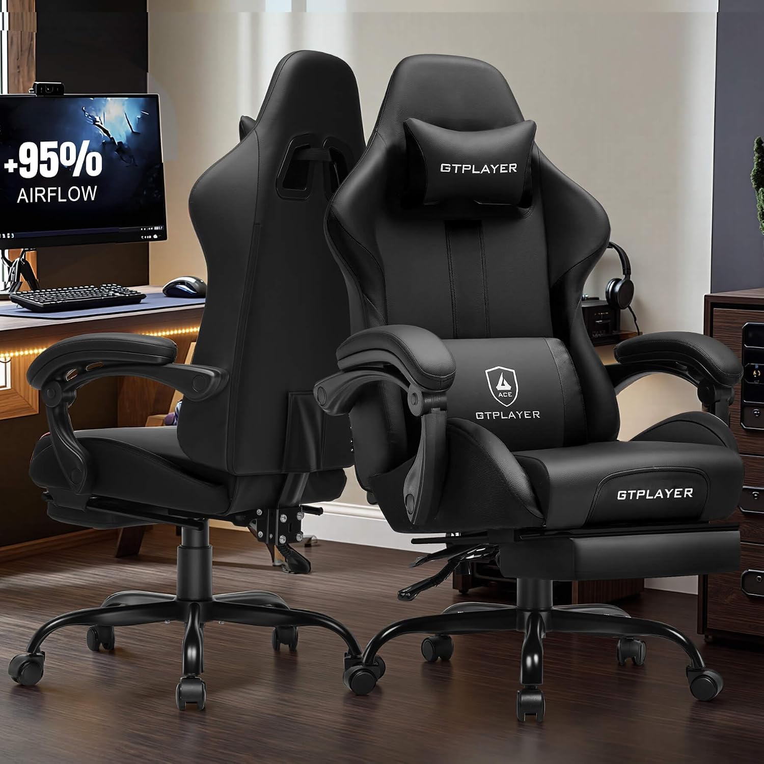 GTPLAYER Gaming Chair with Pocket Spring Cushion, Leather Office Chair with Ergonomic High Back & Lumbar Support for Back Pain Relief, Computer Game Chair for Adults, Black
