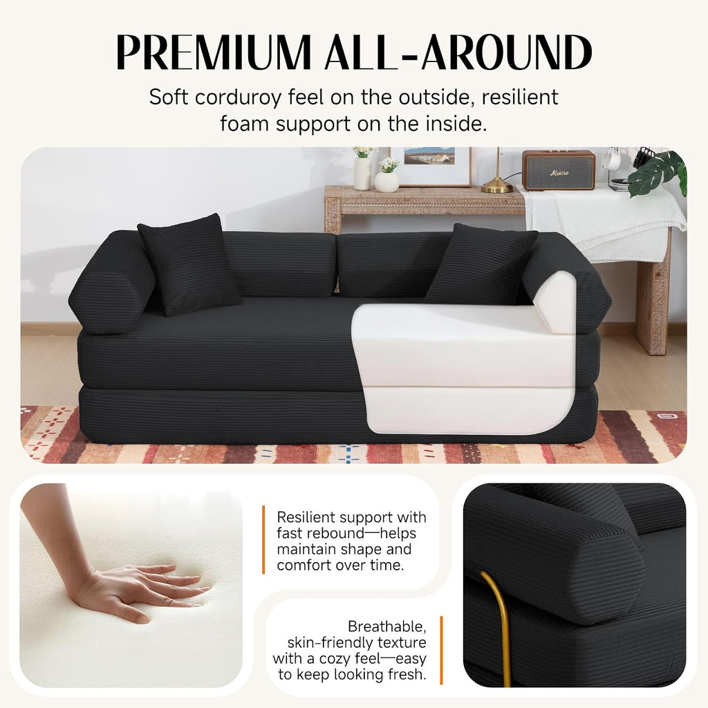 79' Corduroy Sofa Bed, Boneless Couch in a Box with 2 Pillows, High-Density Foam 4-in-1 Foldable Sleeper Futon Loveseat for Small Spaces, No Assembly, Side Pockets, Hex Arm Black
