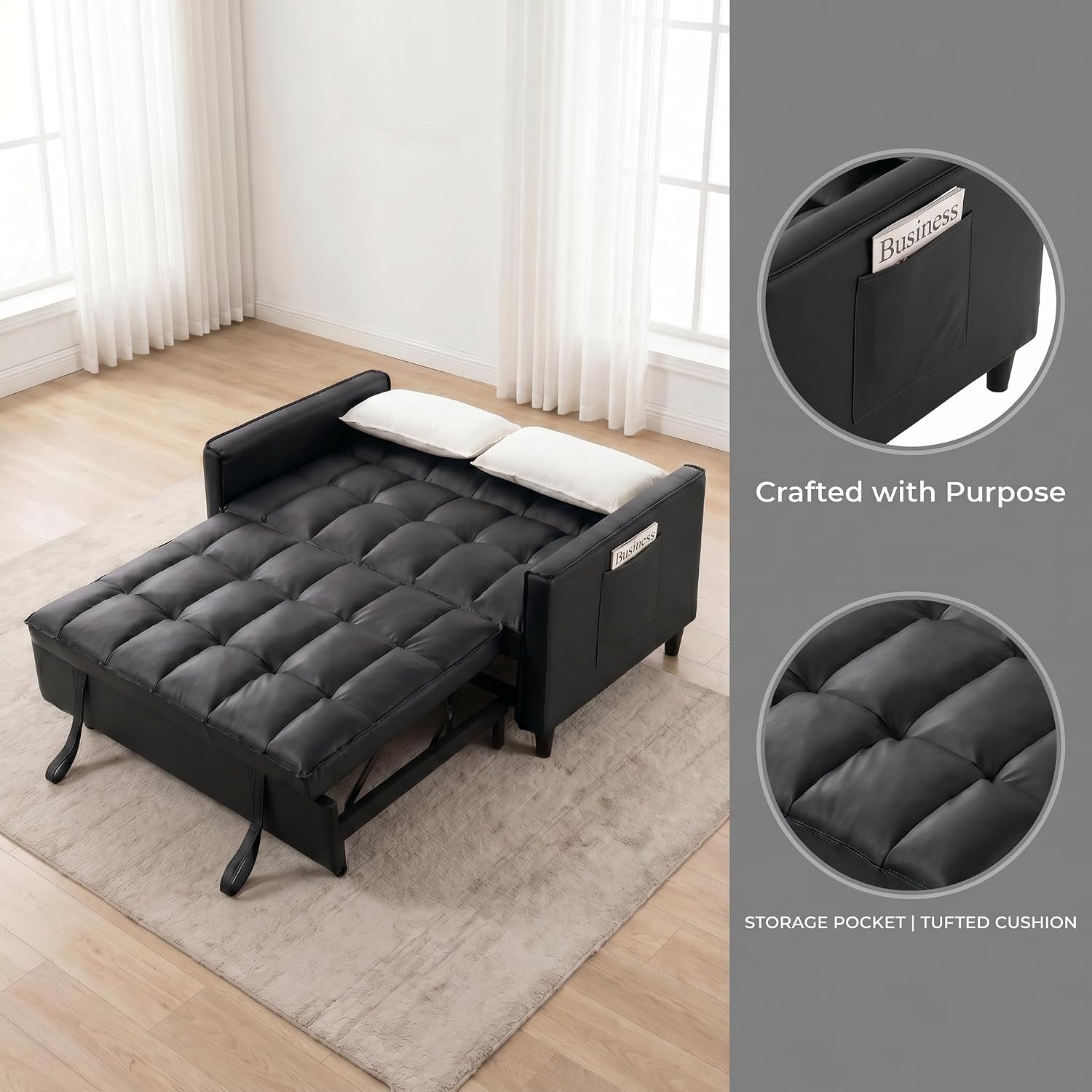 3 in 1 Convertible Sofa Bed, Loveseat Sleeper Sofa with Large Side Pockets, Pull Out Couch with Adjustable Backrest, Easy Assembly, PU Couch Bed for Small Spaces, Apartment, Black