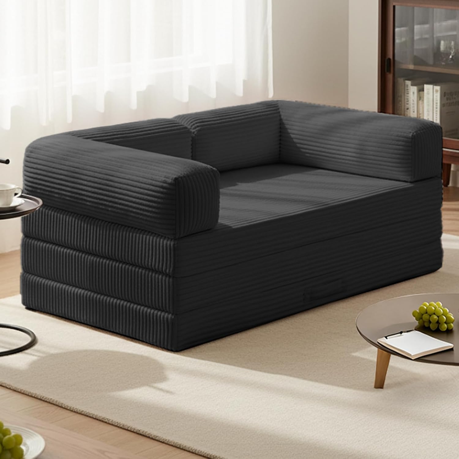 Tri-Fold Foldable Mattress, Convertible Folding Sofa Bed with Removable Arms & Washable Cover, All-in-One Portable Mattress Floor Sofa Bed, No Assembly Required & Non-Slip, Full Size, Black