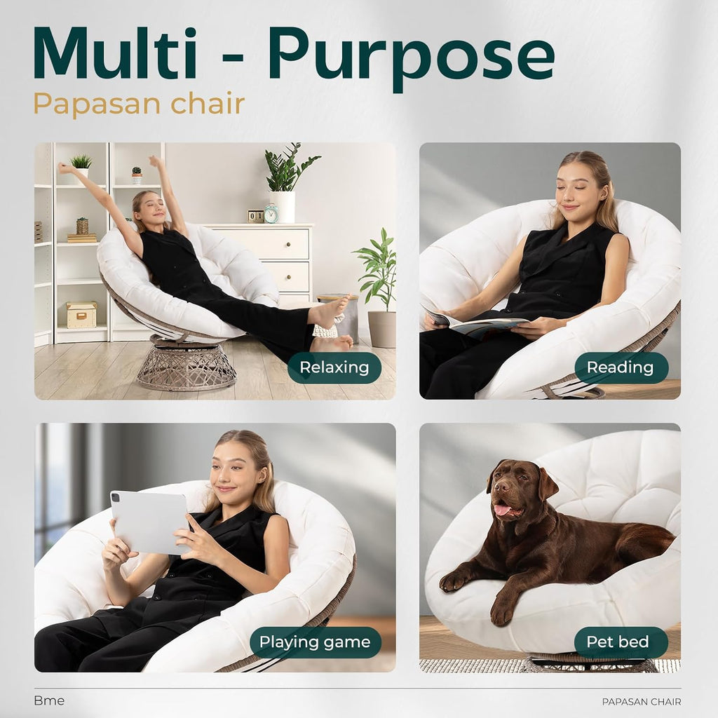 Bme 40' Ergonomic Wicker Papasan Chair with Soft Thick Cushion & Frame, 360° Swivel, Circle, Reading, Comfy Chair for Living Room, Bedroom