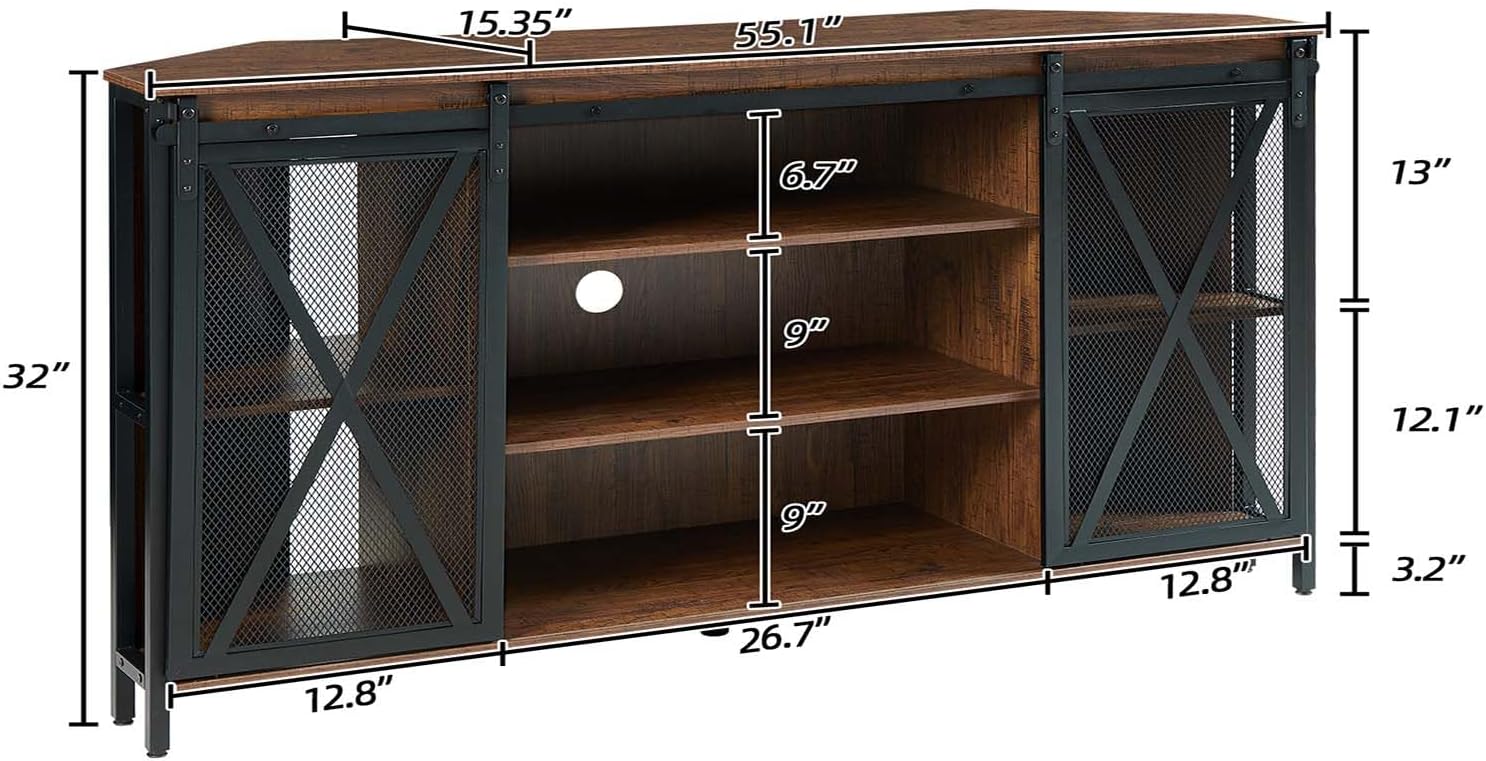 HOMISSUE Corner TV Stand for 55 Inch TV, Rustic Corner Entertainment Center with Storage, Industrial Media Console Table with Sliding Barn Door, Tall TV Cabinets Center for Living Room, Brown
