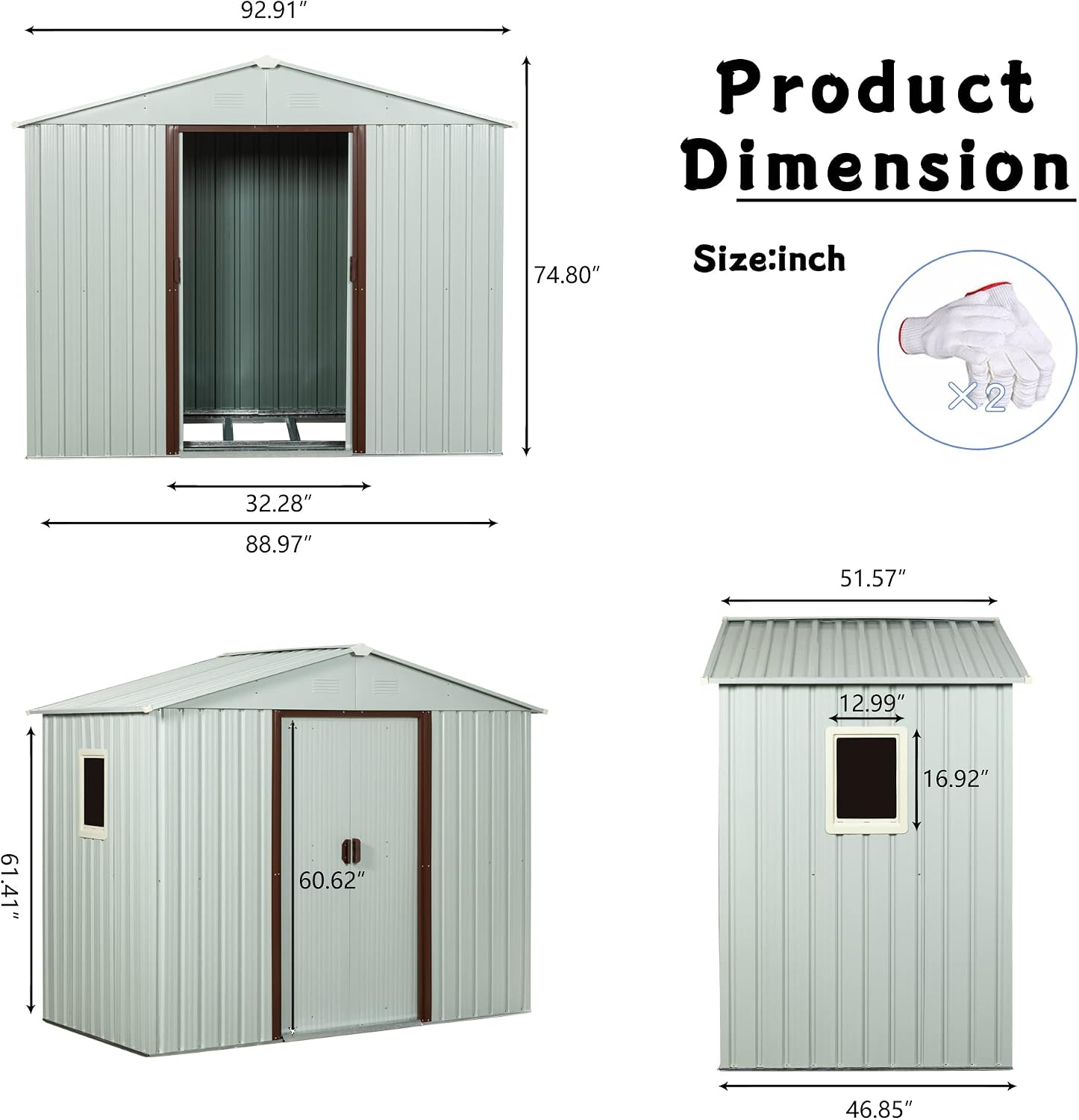 88.97in x 46.85in Heavy-Duty Outdoor Metal Storage Shed with Floor Foundation & Window - Galvanized Steel Tool Shed, Tiny Home Backyard Solution w/Lock, Shelves & Anchors,White