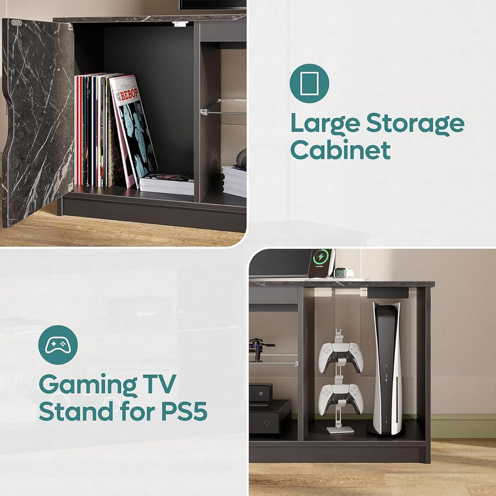 Bestier TV Stand with Power Outlets for Bedroom, Gaming TV Stand for 65inch TV, Black Entertainment Center for PS5, TV Console with Adjustable Glass Shelves for Living Room, Black Marble