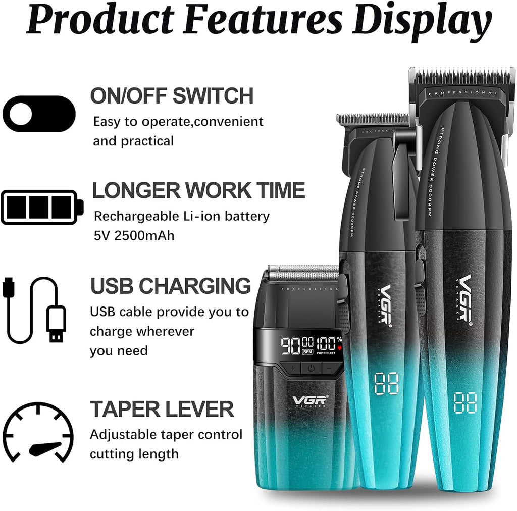 VGR 640S3 Professional 3 in 1 Hair Cutting Kit, 9000RPM Hair Clippers for Men Professional Hair Trimmer & Foil Shavers Set, Cordless Mens Barber Combo for Home, for Him(Green)