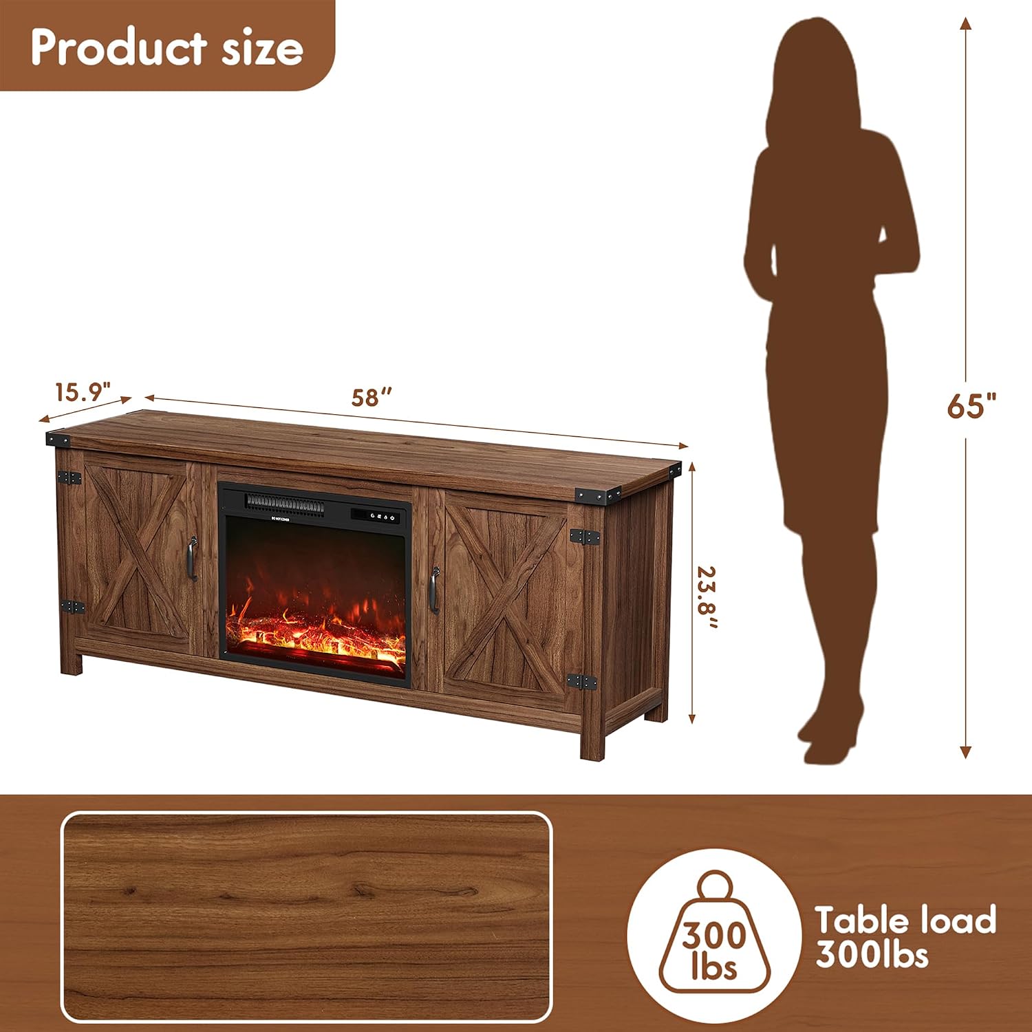 YESHOMY Fireplace TV Stand with Two Barn Doors and Storage Cabinets for Televisions up to 65+ Inch, Entertainment Center Console Table, Media Furniture for Living Room, 58 Inch, Brown