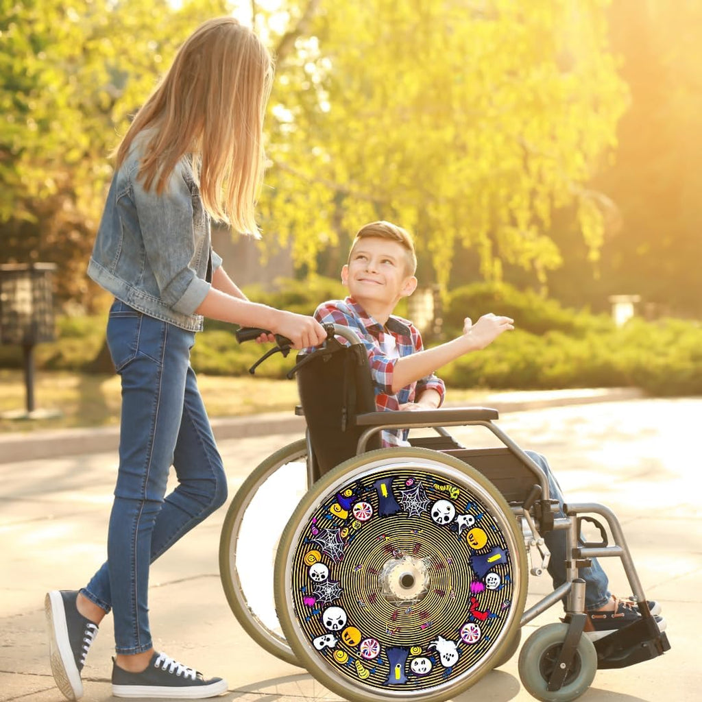 Designer Halloween Cover for Wheelchair Wheels for Adults & Kids, Skull and Spider Web Designs, Easy Install/Remove, Lightweight, (Halloween Fun)