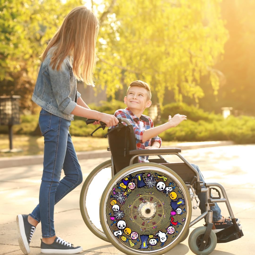 Designer Halloween Cover for Wheelchair Wheels for Adults & Kids, Skull and Spider Web Designs, Easy Install/Remove, Lightweight, (Halloween Fun)