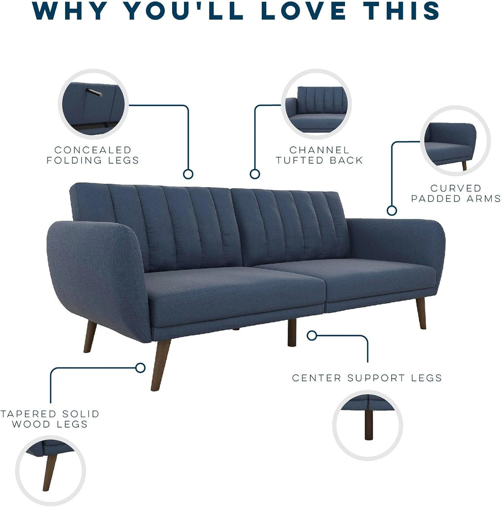 Novogratz Brittany Sofa Futon, Premium Linen Upholstery and Wooden Legs, Blue Linen