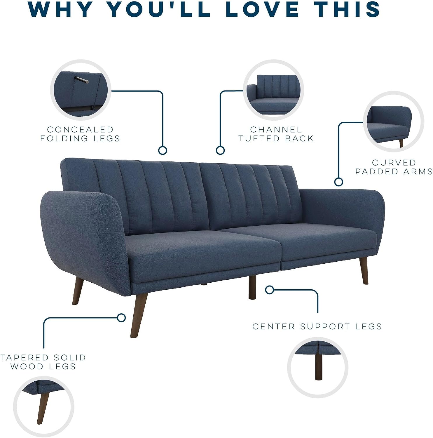 Novogratz Brittany Sofa Futon, Premium Linen Upholstery and Wooden Legs, Blue Linen