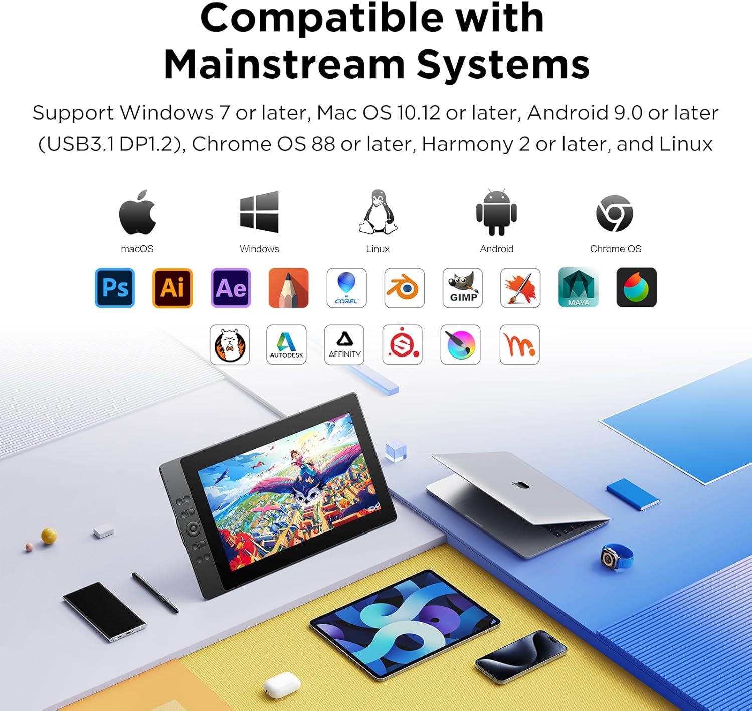 UGEE 15.4 inch Drawing Tablet with Screen，143% sRGB UE16 Computer Graphics Tablet with Full-Laminated Screen 8+1 Hot Keys 16K Level Pressure Battery-Free Stylus，Drawing Pad for PC/Windows/Mac/Android