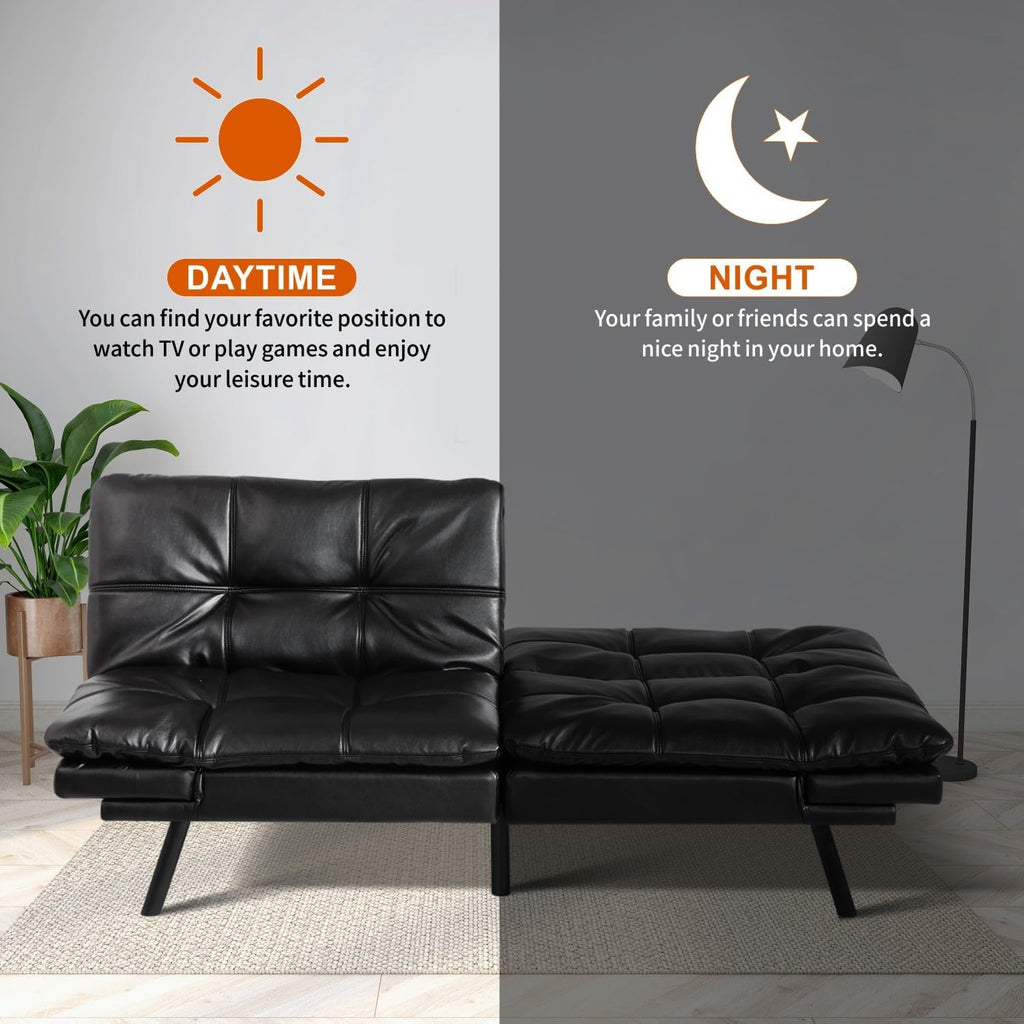 MUUEGM Futon Sofa Bed 71' Convertible Memory Foam Shiny Black Futon Couch Bed Modern Loveseat Sleeper with Adjustable Backrests Armrests for Living Room,Small Space,Office