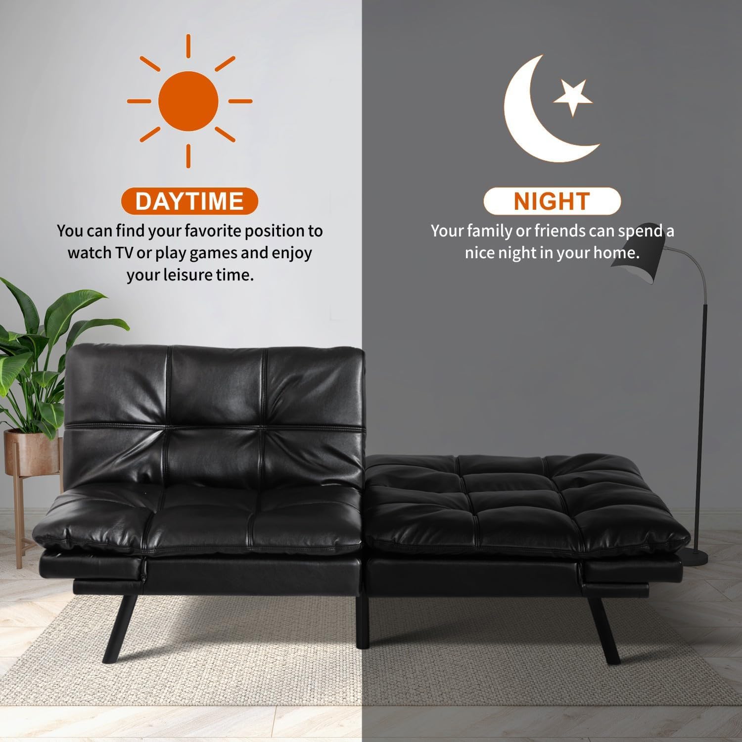 MUUEGM Futon Sofa Bed 71' Convertible Memory Foam Shiny Black Futon Couch Bed Modern Loveseat Sleeper with Adjustable Backrests Armrests for Living Room,Small Space,Office