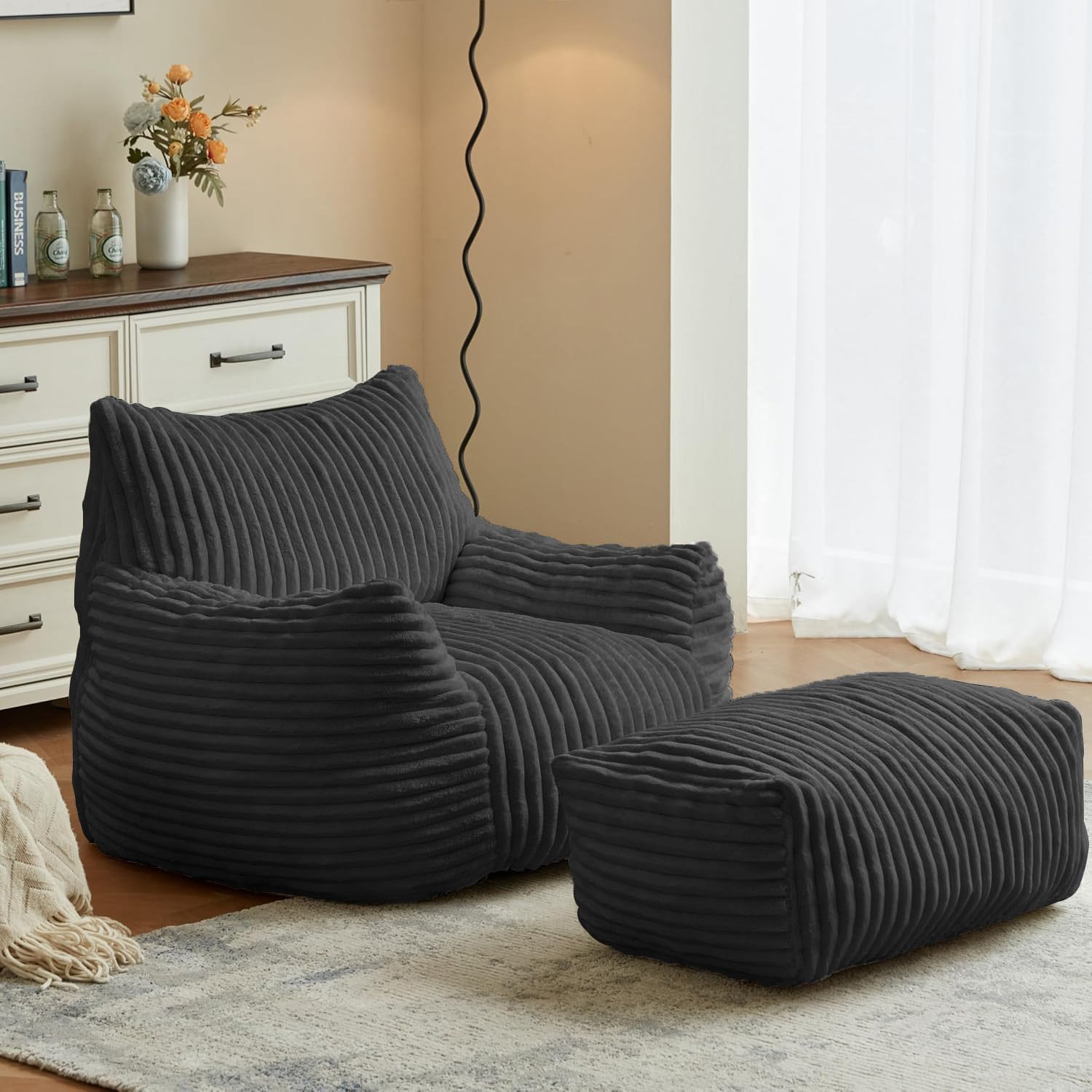 Giant Plush Bean Bag Chair with armrests for Adults,Reading Chair with Footstool,Black Bean Bag,Comfortable Reading and Gaming Recliner,Relaxing Cloud Sofa (Black, Bean Bag Chair + Footstool)