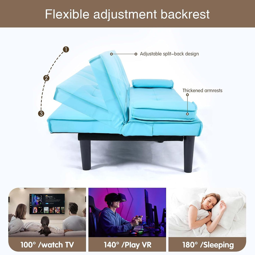 67' Futon Sofa Bed,Convertible Sofa Bed with 2 Cup Holders,Sleeper Couch PVC Leather Removable Soft Armrest Small Couch for Living Room Apartments ﻿ (Blue)