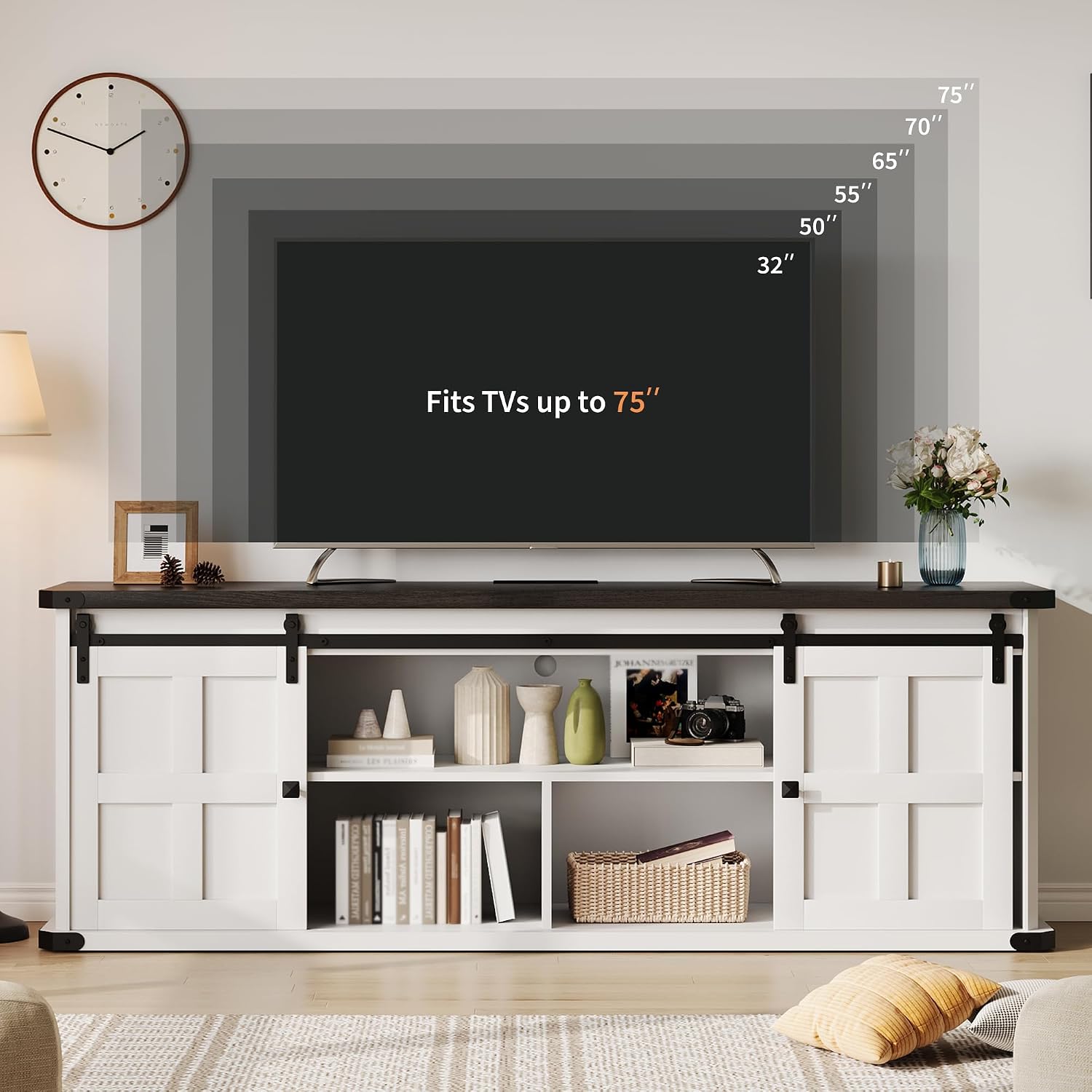 70' Farmhouse TV Stand for 80/75/70 Inch TVs,Entertainment Center Storage Cabinets w/Power Outlets and Sliding Barn Door,Rustic TV Stands for Living Room,Media Console Cabinet
