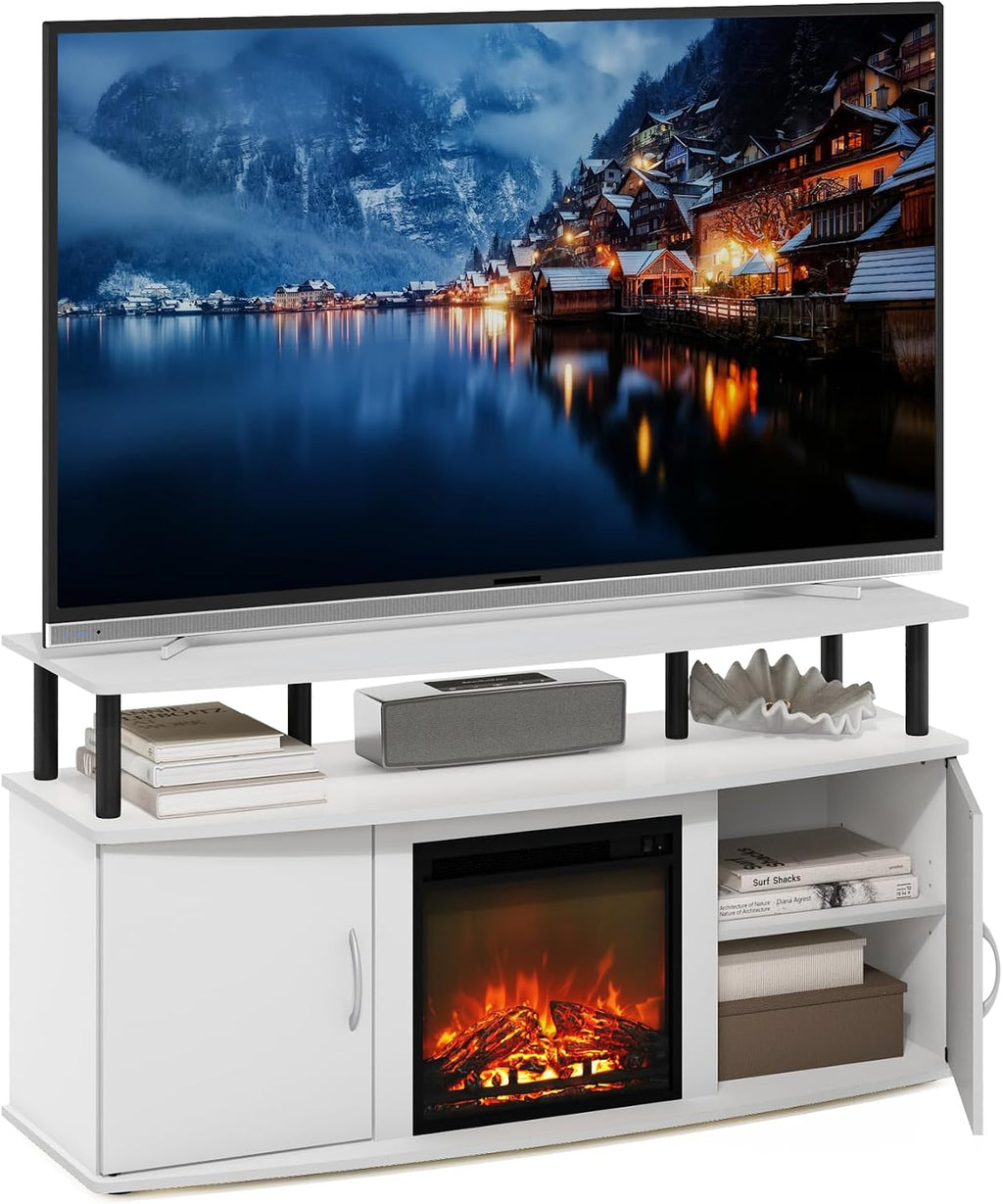 Furinno Jensen TV Stand, Entertainment Center, TV Console for TV up to 55 Inch with Fireplace and Open Shelf, Storage Cabinet, for Living Room, Bedroom, Plain White
