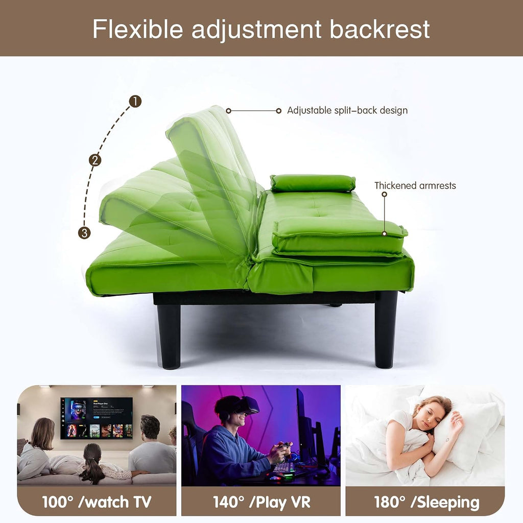 67' Futon Sofa Bed,Convertible Sofa Bed with 2 Cup Holders,Sleeper Couch PVC Leather Removable Soft Armrest Small Couch for Living Room Apartments ﻿ (Green)