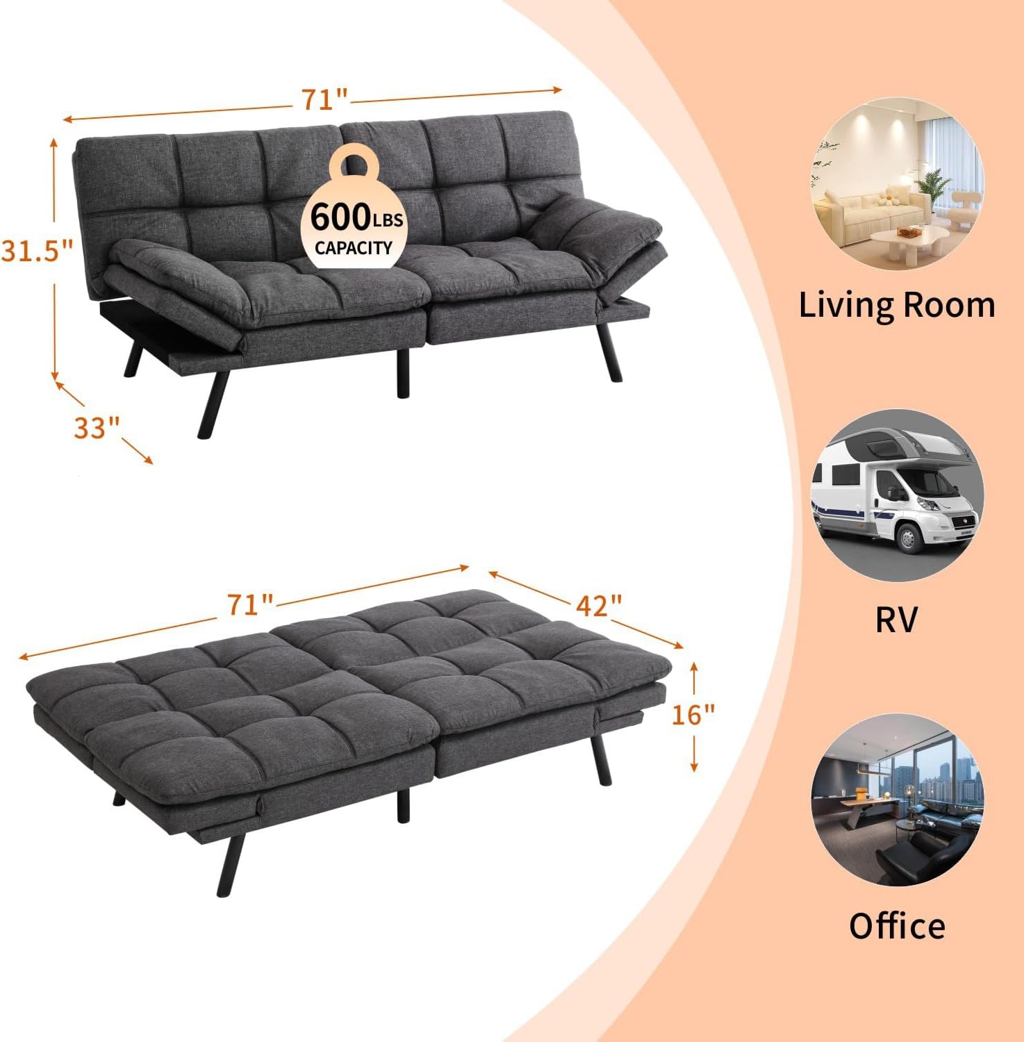 MUUEGM Convertible Futon Sofa Bed Memory Foam 71' Sofabed Modern Loveseat Sleeper Sofa with Adjustable Backrest & Armrest for Small Space Office Couch for Living Room,Apartment,Office