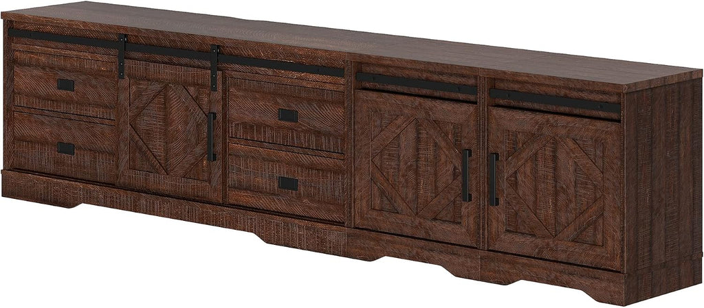 WAMPAT 98' Wide Farmhouse TV Stand for up to 110' TV, 3-in-1 Rustic Wood Entertainment Center with Drawers and Cube Cabinets for Living Room, Faux Bark Finish, Rustic Brown
