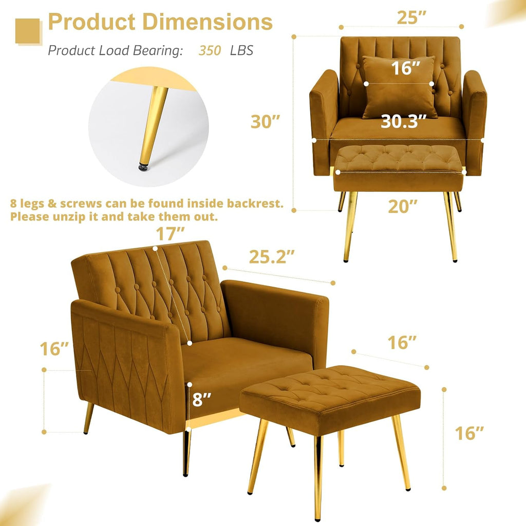 2 Pieces Velvet Sofa Set with Adjustable Armrest and Backrest, 70' Convertible Futon Sofa Bed & Mordern Accent Chair with Ottoman for Living Room, Bedroom, Ginger