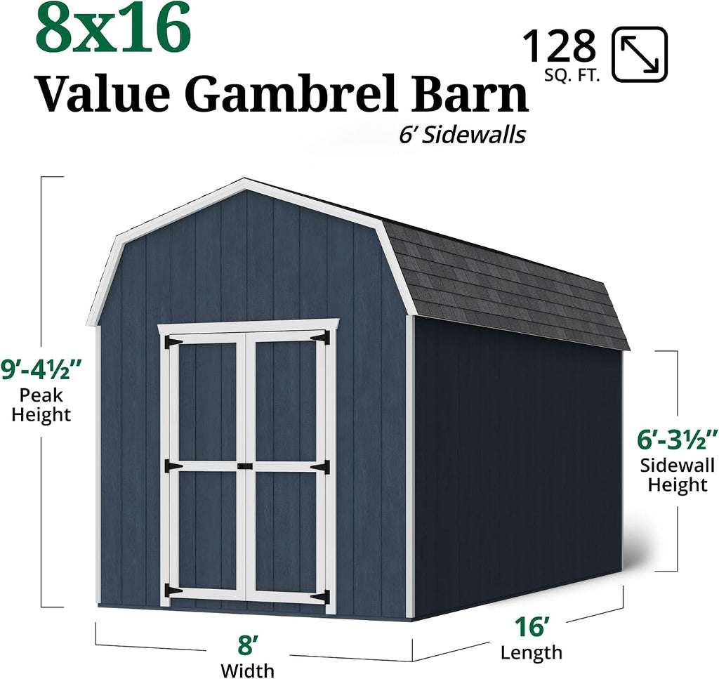 Little Cottage Co. 8x16 Value Gambrel Barn with 6 ft. Sidewalls with Floor, Outdoor Wood Storage Shed Do-It-Yourself Precut Kit