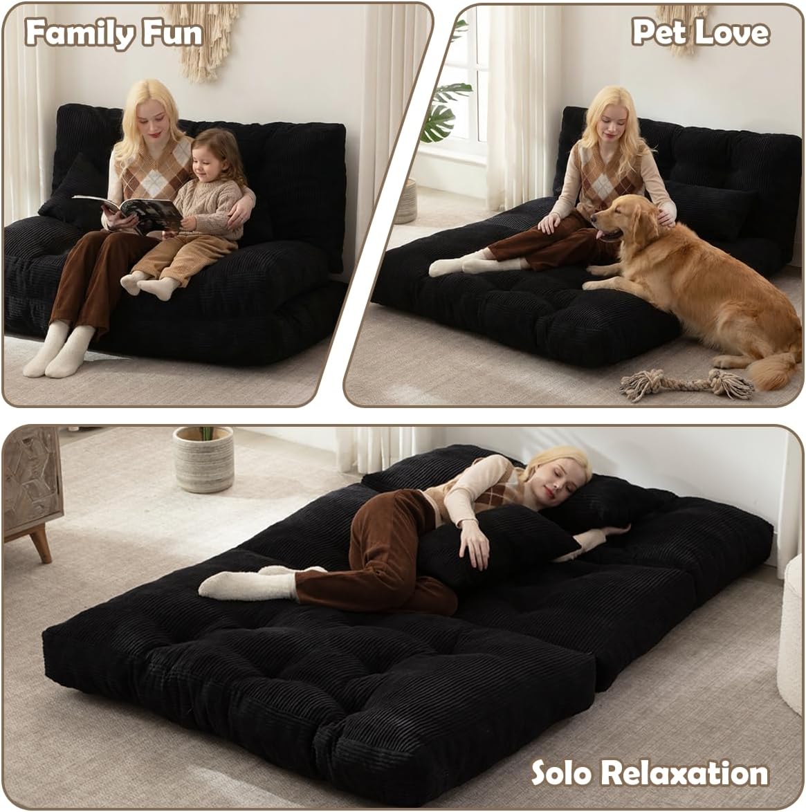 Folding Sofa Bed, Convertible Sleeper Chair with Pillow Foldable Mattress with Back Support, Portable Fold Out Chair Bed Comfy Floor Sofa Lounge for Living Room Bedroom, Black Full 80x54 Inch