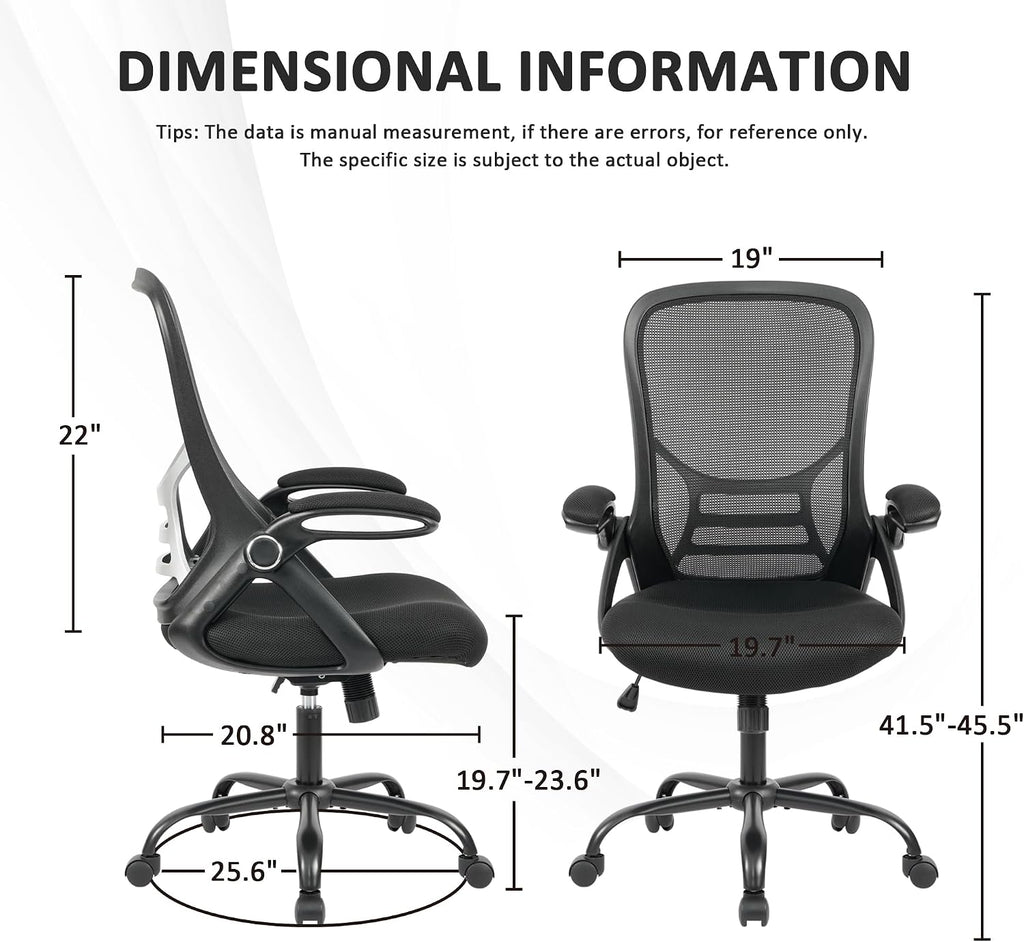 HYLONE Office Chair Ergonomic Chair with Flip up Armrests, Thickened Seat Computer Chair with Breathable Mesh Back Home Office Computer Chairs for Long Hours Mesh Office Chair(Black)