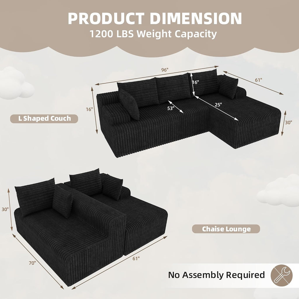 2026 New Boneless Couch, No Assembly Cloud Couch Sectional with Deep Seat & Chaise for Small Space, Upholstered Boneless Sectional Couch for Living Room, L Shaped Couch with Right Facing Chaise, Black