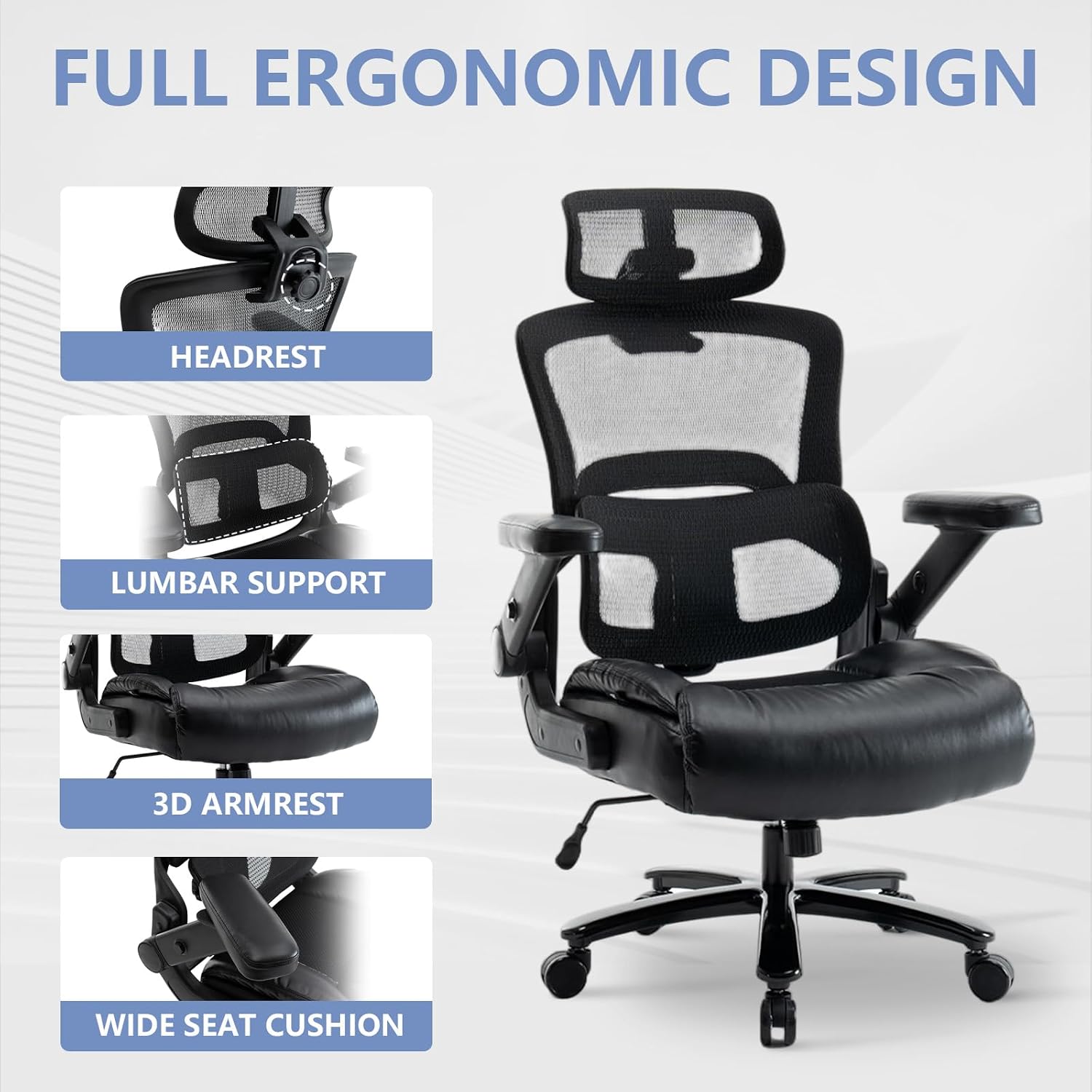 Vigosit Ergonomic Office Chair with Flip-Up Arms, Mesh Back, Adjustable Headrest, Padded Seat Cushion, Lumbar Support, High Back Desk Chair for Home Office – 330lbs Capacity
