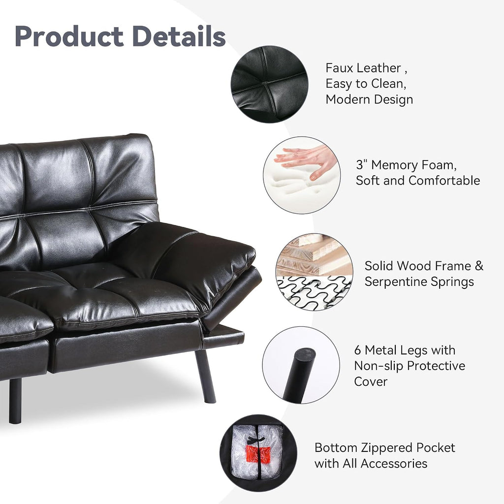 Convertible Faux Leather Futon Sofa Bed,Memory Foam Futon Couch,Small Splitback Modern Folding Loveseat Sleeper Sofa Couches for Living Room,Office,Apartment,Classic Black