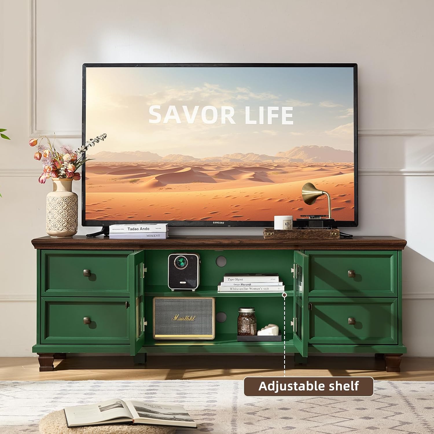 SAVOR LIFE Farmhouse TV Stand for Living Room, Rustic Green Entertainment Center with Storage Cabinet,Wood TV Console with 4 Drawers,Modern TV Stands for Bedroom,Green