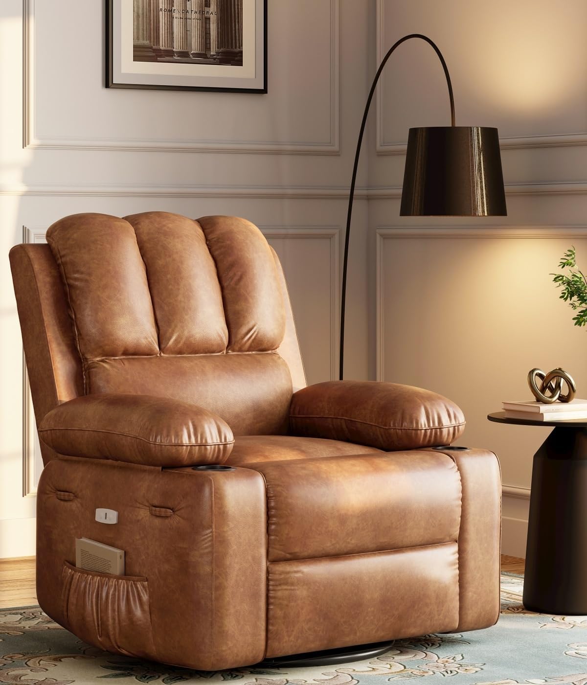 22'' Electric Recliner Chair for Adults, Swivel Rocker Recliner with Massage and Heat, Pu Leather Single Sofa with Cup Holder and Side Pocket, for Living Room, Bedroom, Vintage Leather