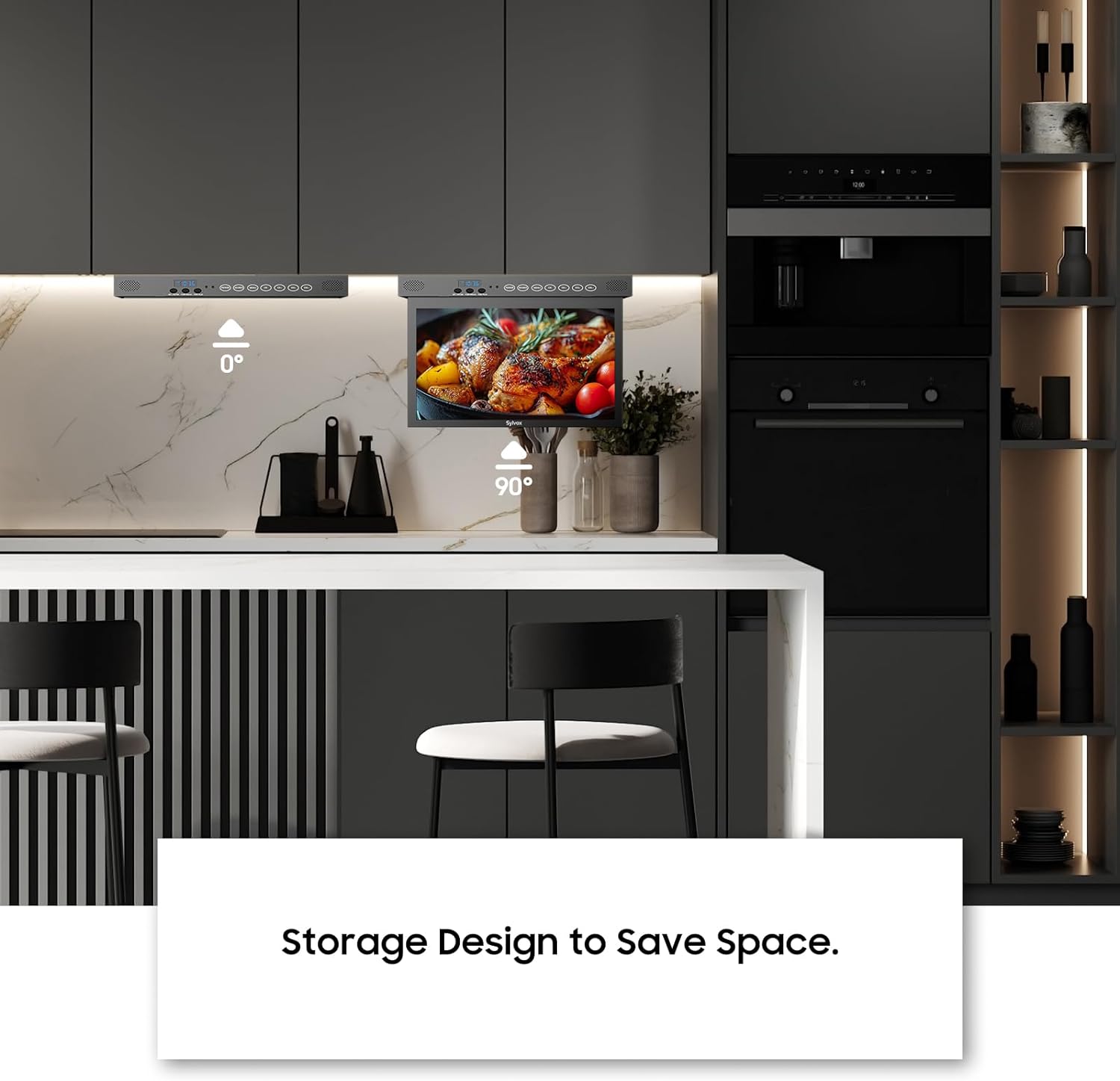 SYLVOX 15.6' Flip Down Smart TV Under Cabinet Google TV Supports 360 Degree Rotation WiFi & Wireless Connection, Storage Design for Kitchen Bedroom RV Yacht (Classic Black)