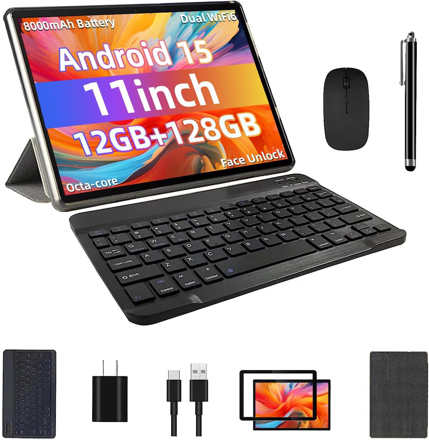 COLORROOM Android 15 Tablet 11inch, Face Unlock, 18W Fast Charging, 12GB+128GB+1TB Expand, Octa-core CPU, 8000mAh Large Battery, WiFi6, Touchscreen Display, Widevine L1 Tableta, Black