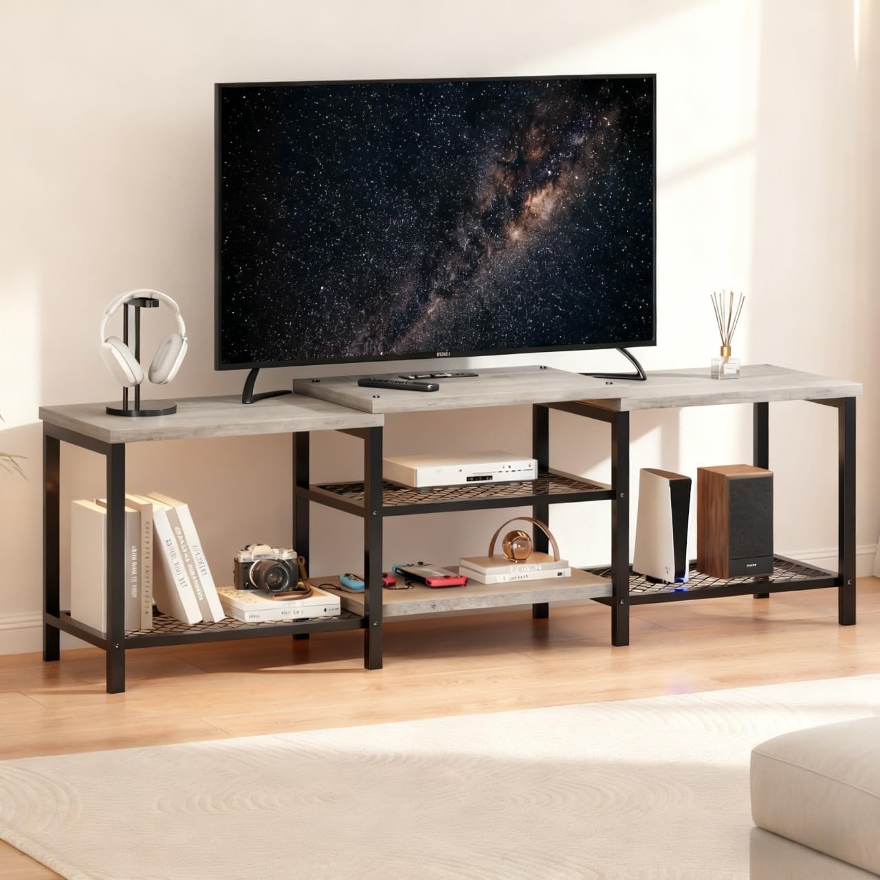 GAOMON TV Stand for TVs Up to 75 Inch, Entertainment Center with Power Outlet and LED Lights Open Storage Shelves, Media Console for Living Room, Bedroom, Grey