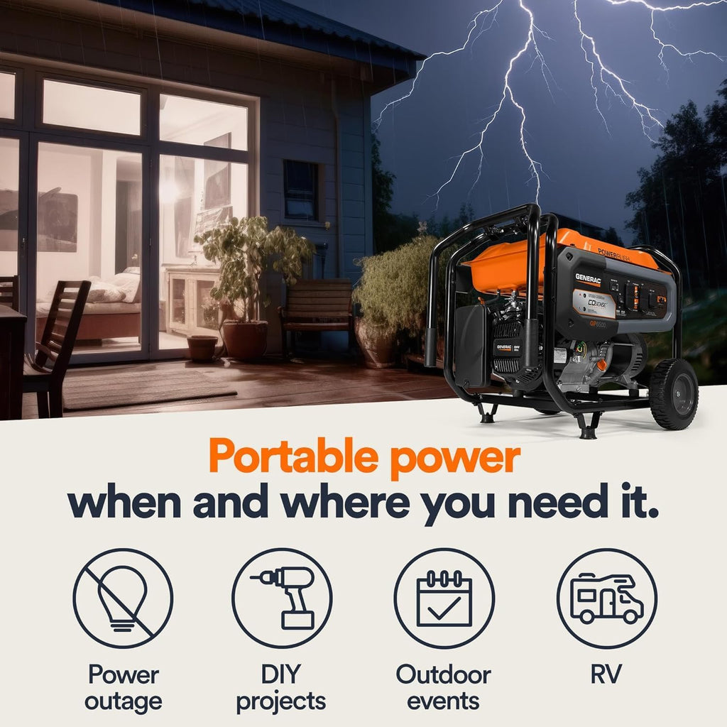 Generac 8,125 Starting Watt Portable Gas Generator, PowerRush Technology, COsense Carbon Monoxide Detection, 10.5 Hour Runtime, Heavy Duty Steel Frame, Home Backup Emergency, 49-State