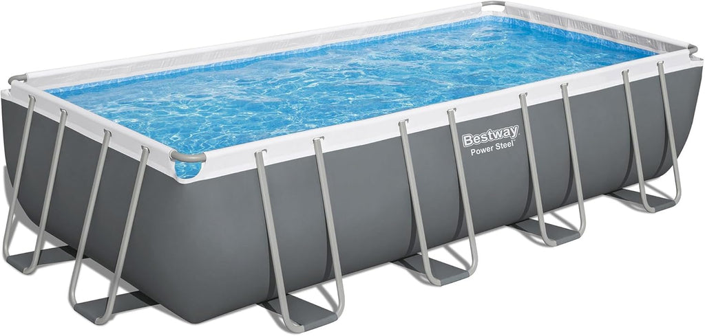 Bestway Power Steel 18' x 9' x 48' Above Ground Pool, Rectangular Metal Frame Outdoor Swimming Pool Set with Sand Filter Pump, Ladder, and Cover