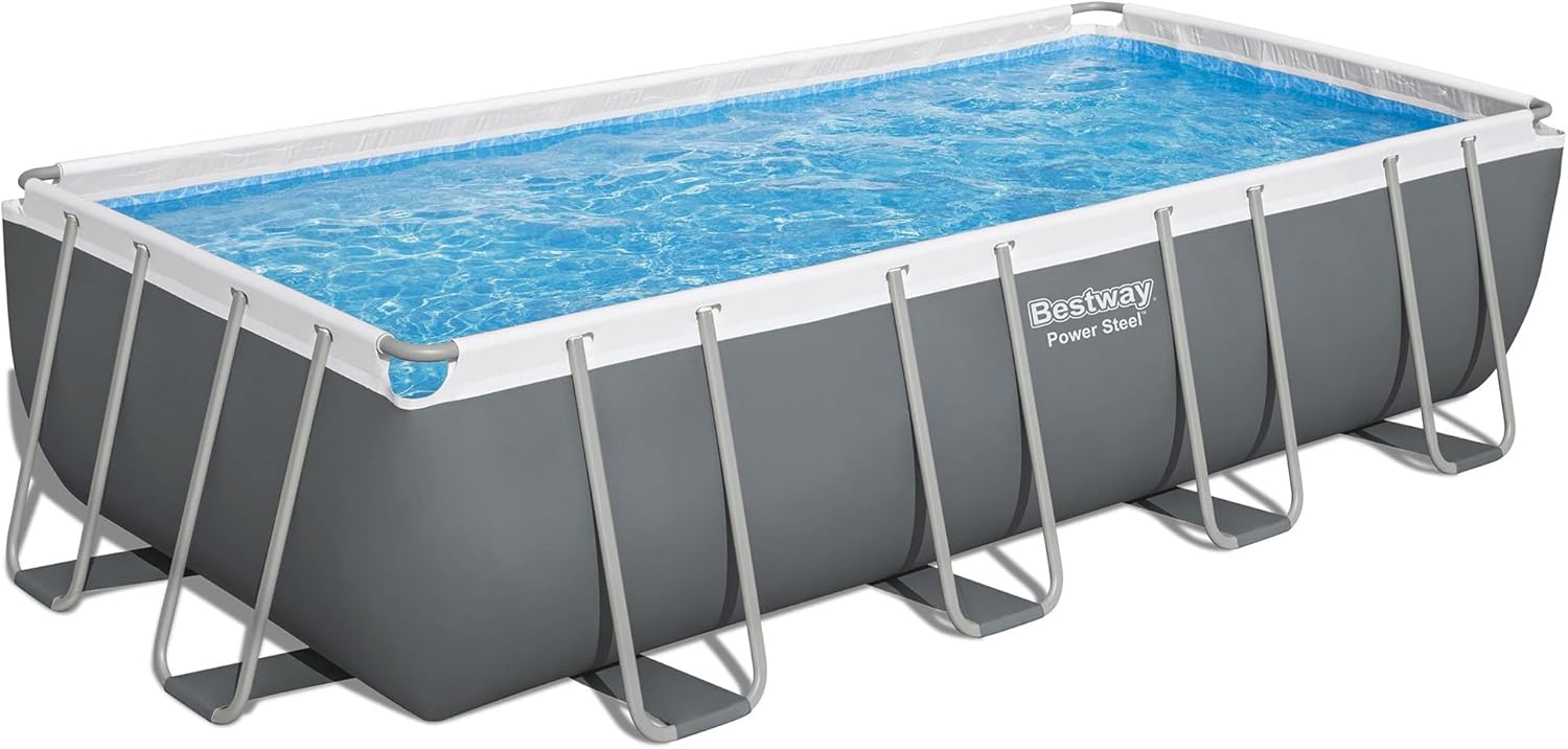 Bestway Power Steel 18' x 9' x 48' Above Ground Pool, Rectangular Metal Frame Outdoor Swimming Pool Set with Sand Filter Pump, Ladder, and Cover