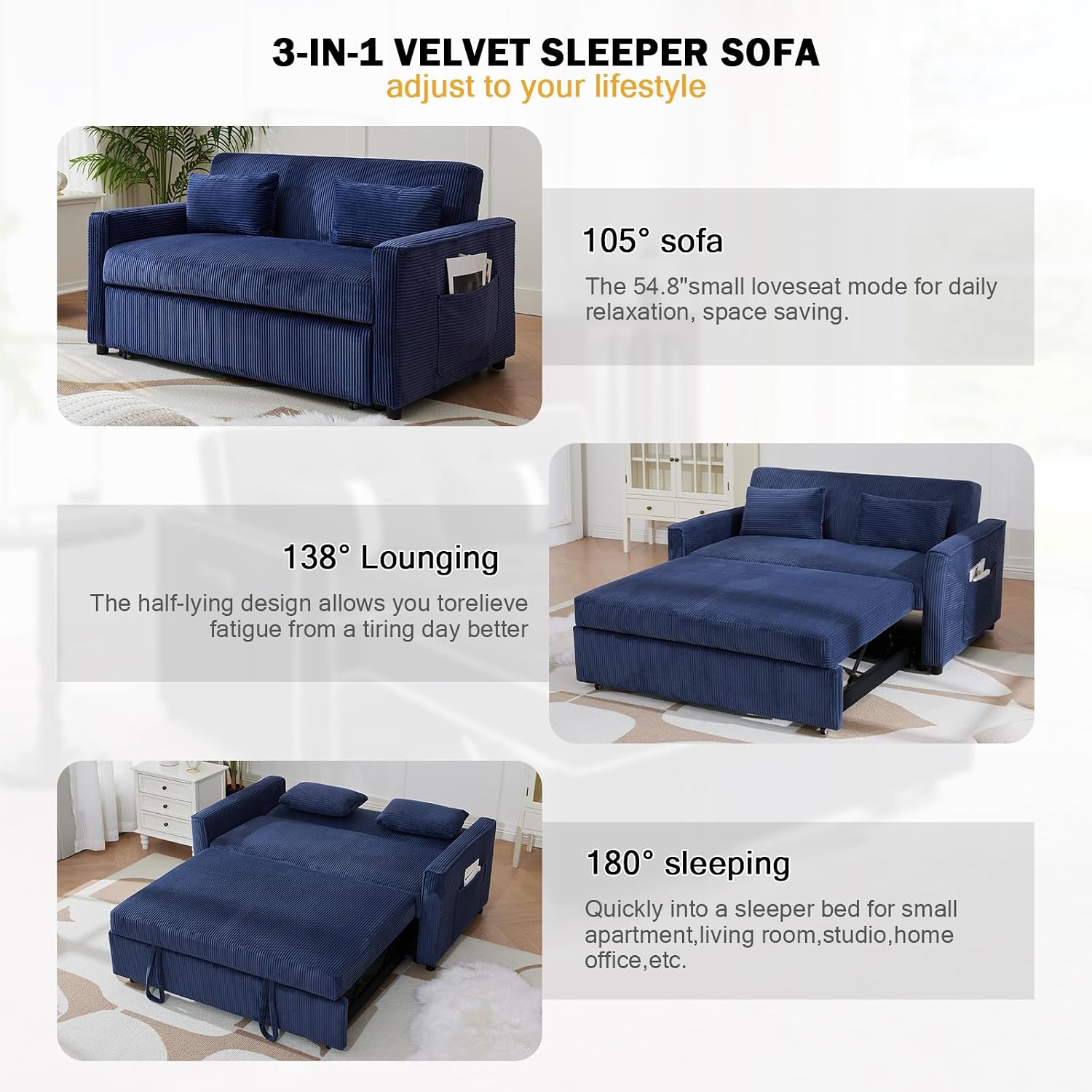 55.51' Sleeper Sofa Bed,Pull Out Couch with Side Pockets,3 in 1 Corduroy Fabric Loveseat Sleeper Sofa ,Pull Out Sofa Bed with Adjustable Backrest for Living Room, Bedroom, Apartment,（Navy Blue）