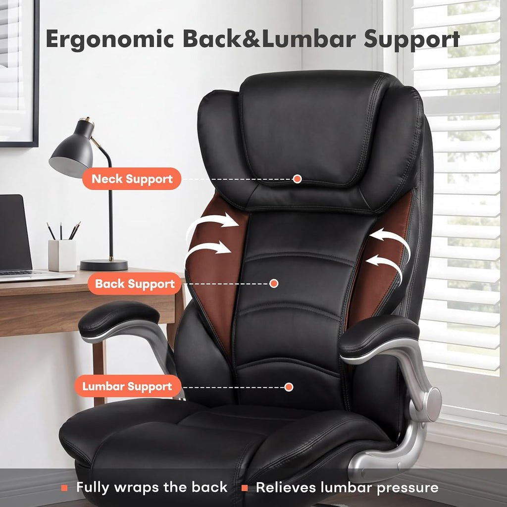 GYI Big and Tall Office Chair 400lb Wide Seat, Ergonomic High Back Leather Executive Desk Chair with Flip-up Arms, Black