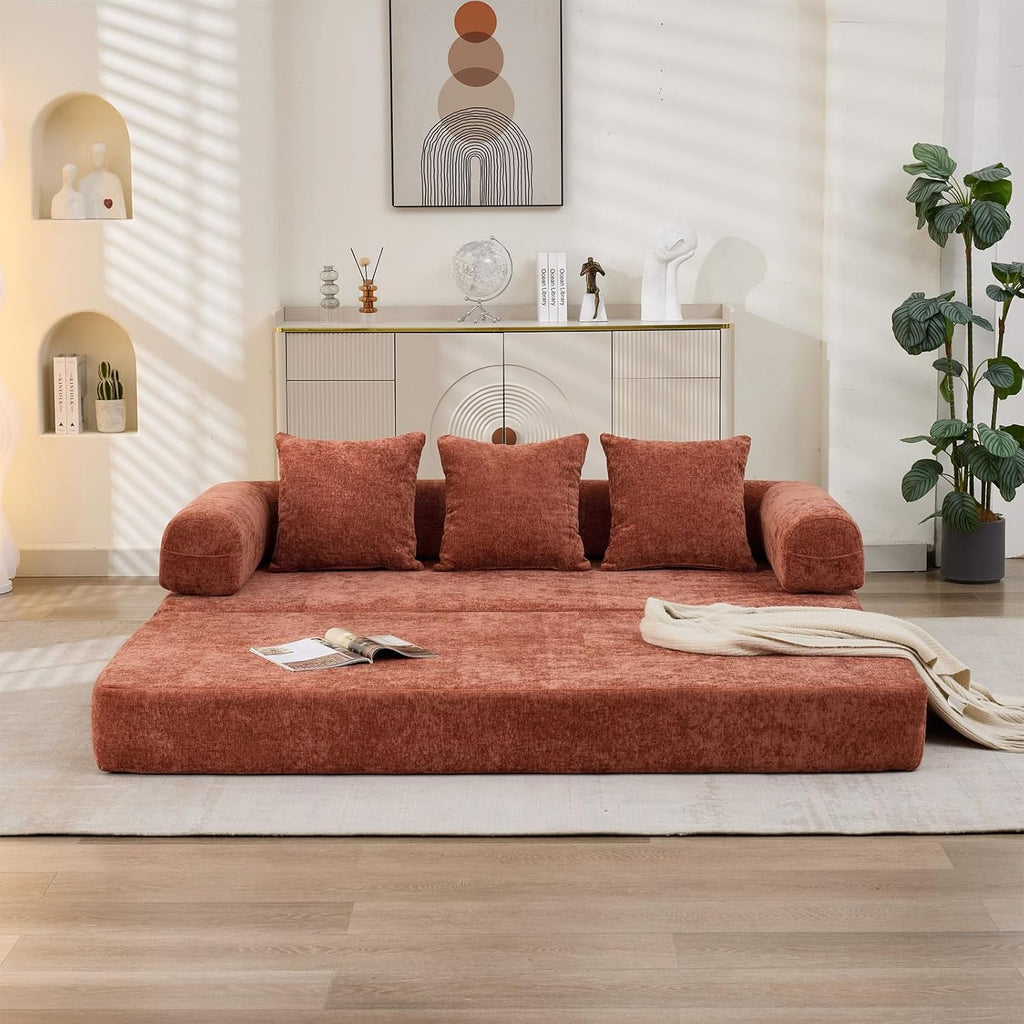 Futon Sofa Bed, Modular Convertible Folding 3 Seater Chenille Foam Floor Loveseat Sleeper Sofa Couch with 3 Pillows, No Assembly Compressed Boneless Couch, for Living Room Bedroom Guest Room, Orange