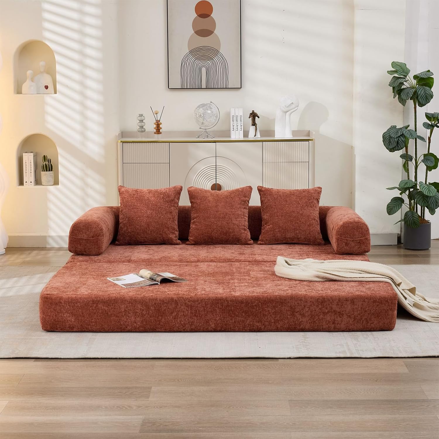 Futon Sofa Bed, Modular Convertible Folding 3 Seater Chenille Foam Floor Loveseat Sleeper Sofa Couch with 3 Pillows, No Assembly Compressed Boneless Couch, for Living Room Bedroom Guest Room, Orange