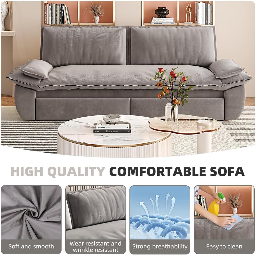 73.2' Sofa Bed Queen, 3-in-1 Pull Out Sofa Bed with Pillow Armrest, Modern Velvet Convertible Sleeper Futon Sofa for Living Room Small Space, Apartment, Bedroom, Grey