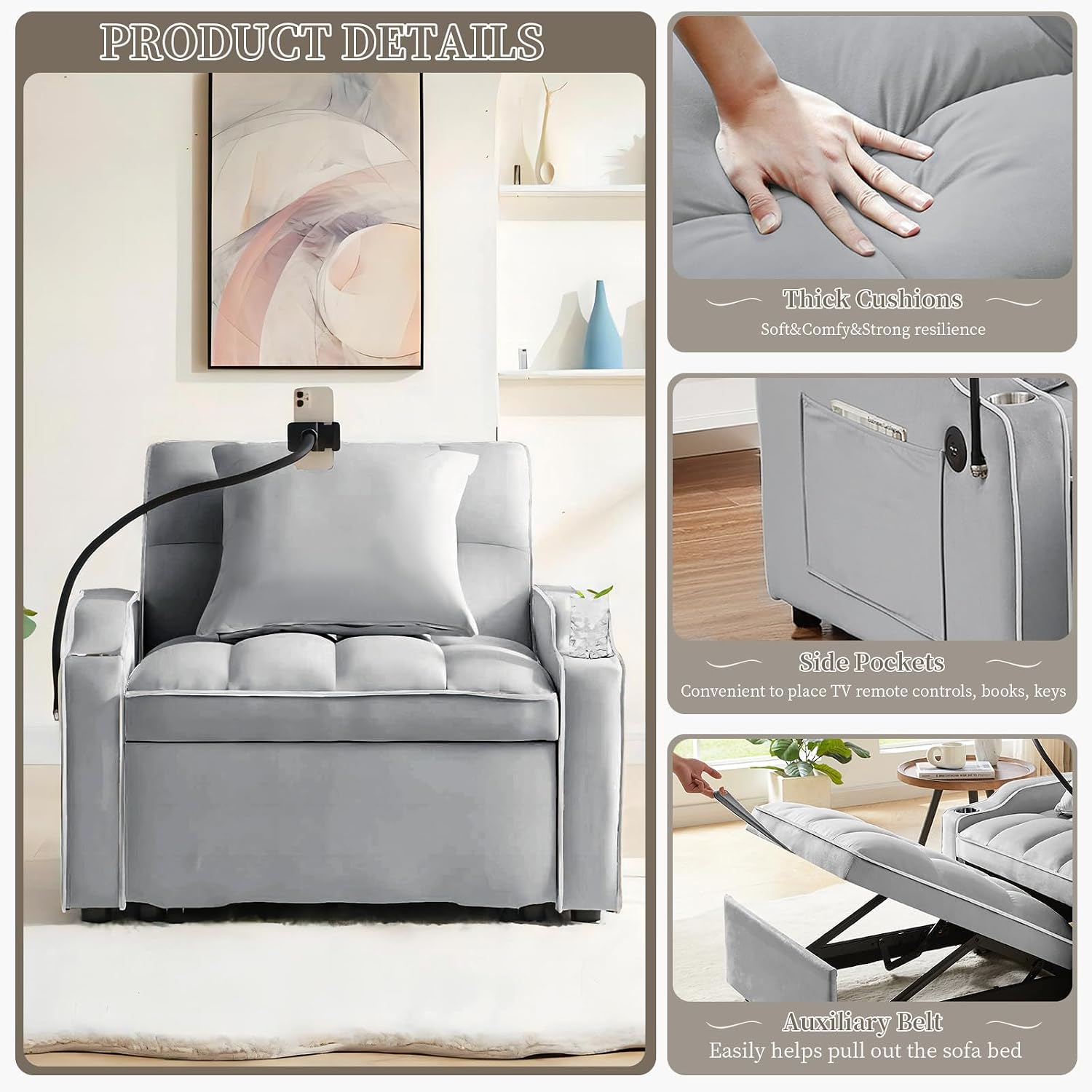 Convertible Sleeper Sofa Chair Bed, 3 in 1 Velvet Single Small Futon Sofa Bed with Phone Holder & USB Ports,Pull Out Couch Recliner with Adjustable Backrest for Living Room, Office, Small Place(Grey)
